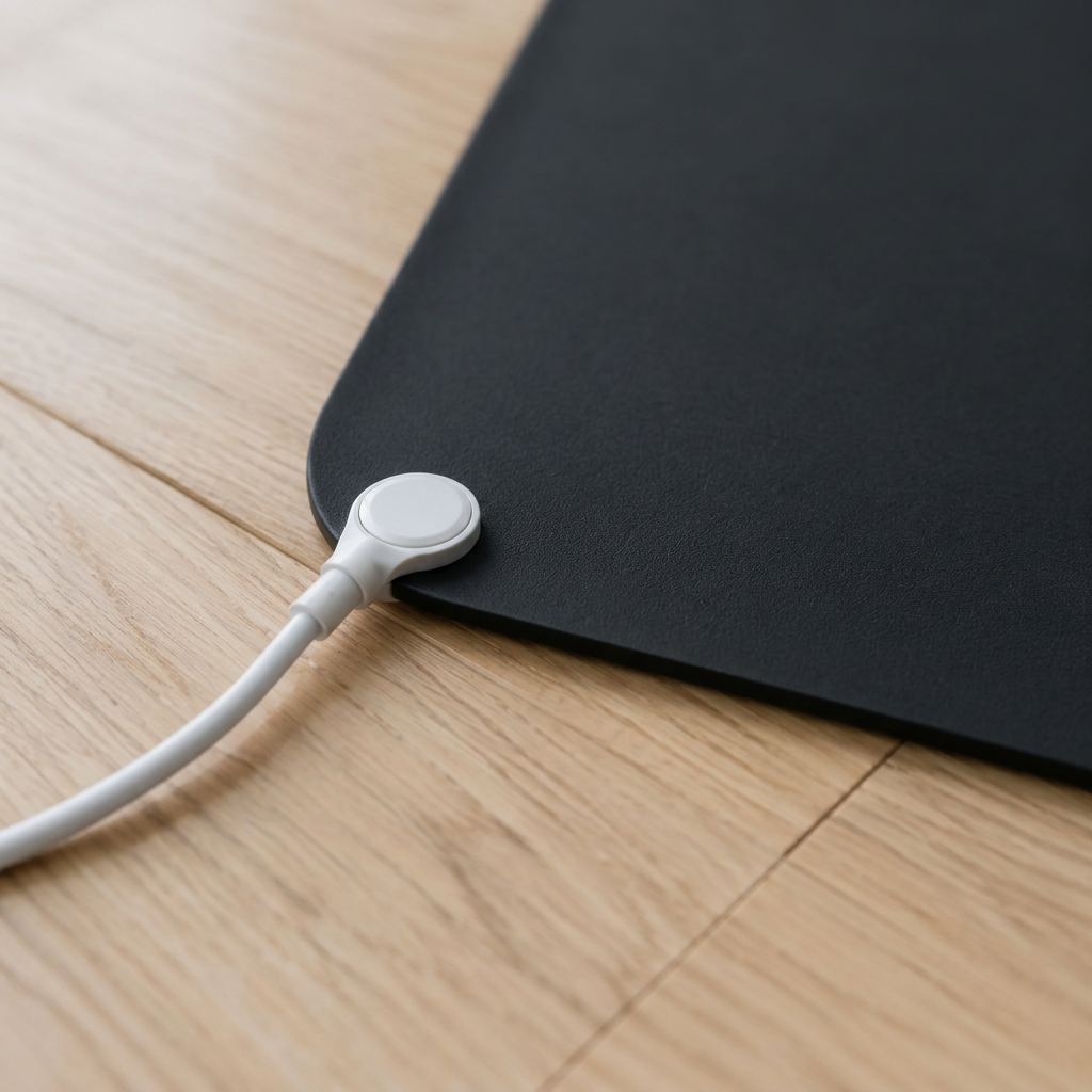 Close-up of the white grounding cord connecting at the corner of the mat