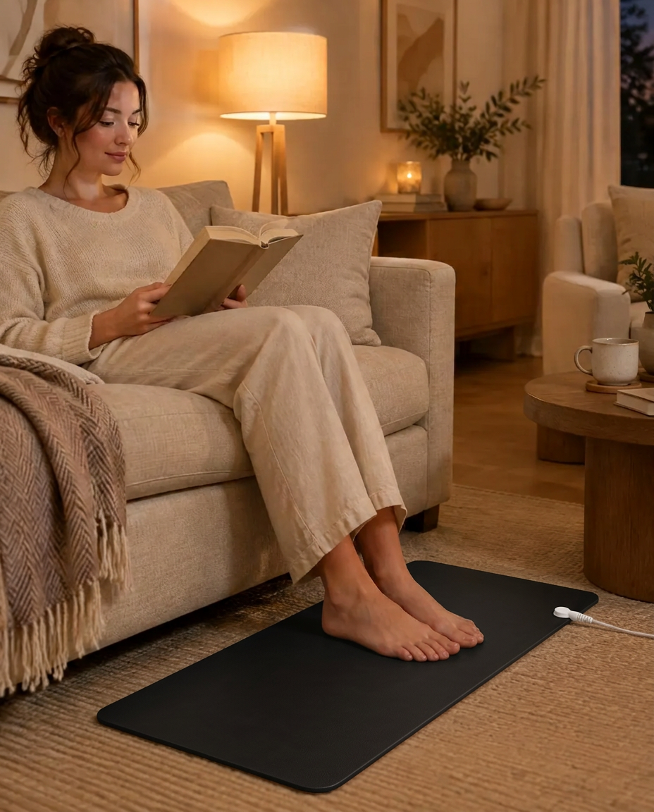Woman reading on a couch with her bare feet on the Everyday Grounding Mat